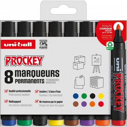 8 marqueurs permanents - Indélébile - Pointe conique - Assortis - Prockey - Uni-Ball