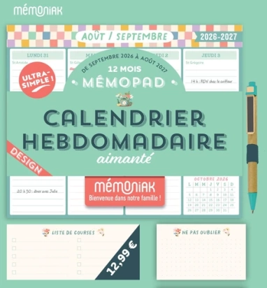 Mémopad calendrier hebdomadaire bloc aimanté Mémoniak Family Zen 2026 - 12 mois