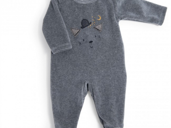 Pyjama 12m velours gris chiné tête chat Les Moustaches Moulin Roty