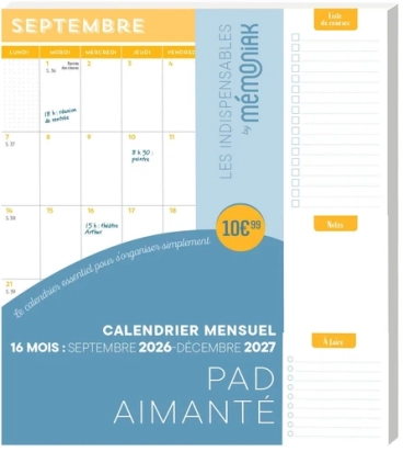 Pad aimanté calendrier mensuel Les Indispensables Mémoniak - Sept. 2026-Août 2026