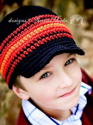 Bonnet /casquette en crochet - bleu marine (noir)/rouge - garçon