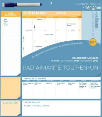 Pad mensuel calendrier aimanté tout-en-un Mémoniak - Sept. 2026-Déc. 2027