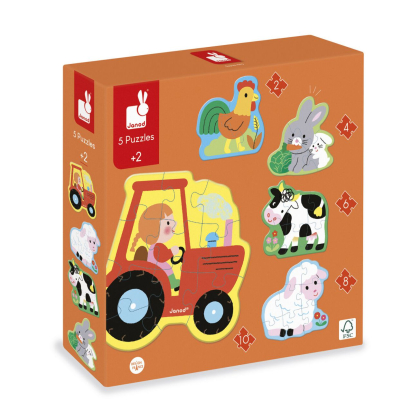 5 puzzles évolutifs Ferme en carton – de 2 à 10 pièces Janod
