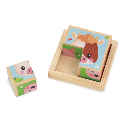 Cubes puzzles en bois La ferme 4 pieces, 6 faces Janod