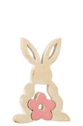 Lapin décoratif fleuri en bois rose – Décoration intérieure – 21 × 14 × 2,5 cm – J-Line