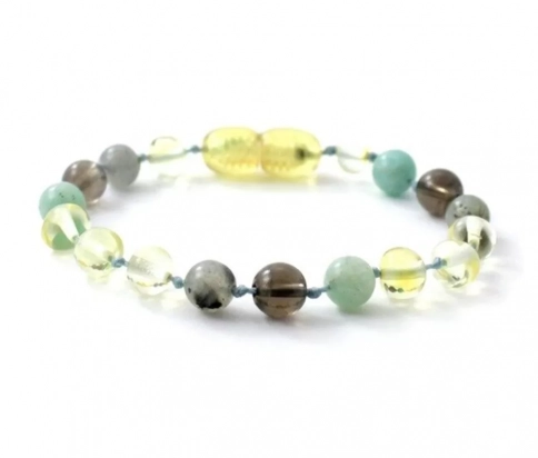 Bracelet Ambre citron avec pierres de Labradorite, Quartz et Amazonite Studio Anne Bekkenutte