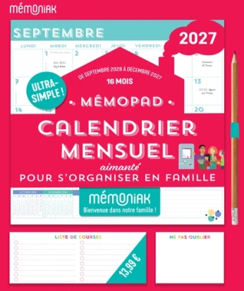 Mémopad calendrier mensuel bloc aimanté Mémoniak 2026 - 16 mois - Sept. 2026-Déc. 2027