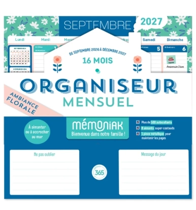 Organiseur mensuel Mémoniak 2026 - Calendrier familial - Sept. 2026-Déc. 2027