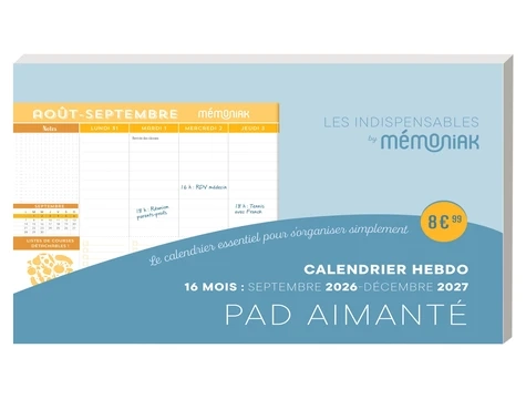 Pad aimanté calendrier hebdomadaire Les Indispensables Mémoniak - Sept. 2026-Août 2026