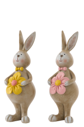 J-Line lapin décoratif debout fleuri rose 19 cm en polyrésine – décoration intérieure