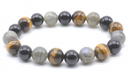 Bracelet Triple protection Labradorite, Tourmaline noire, Oeil de tigre perles 10mm