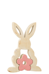 Lapin décoratif fleuri en bois rose – Décoration intérieure – 21 × 14 × 2,5 cm – J-Line
