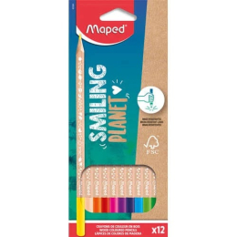 Maped - Crayons de Couleur Smiling Planet en Bois Naturel - 12 Crayons de dessin pour Enfants
