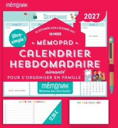 Mémopad calendrier hebdomadaire bloc aimanté Mémoniak 2026 - 16 mois - Sept. 2026-Déc. 2027