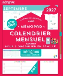 Mémopad calendrier mensuel bloc aimanté Mémoniak 2026 - 16 mois - Sept. 2026-Déc. 2027